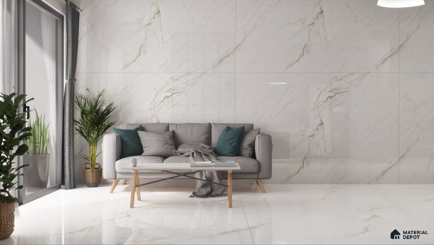 Modern living room with marble walls and grey sofa | Material Depot