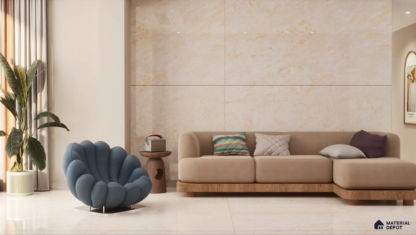 Modern living room with beige sofa and blue chair | Material Depot