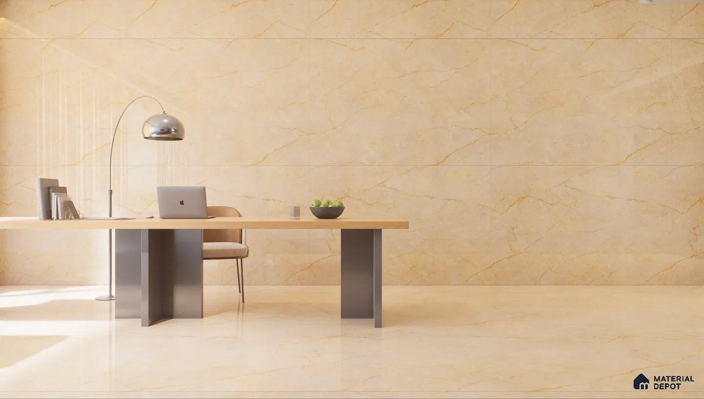 Minimalist home office with light wood desk and beige walls | Material Depot