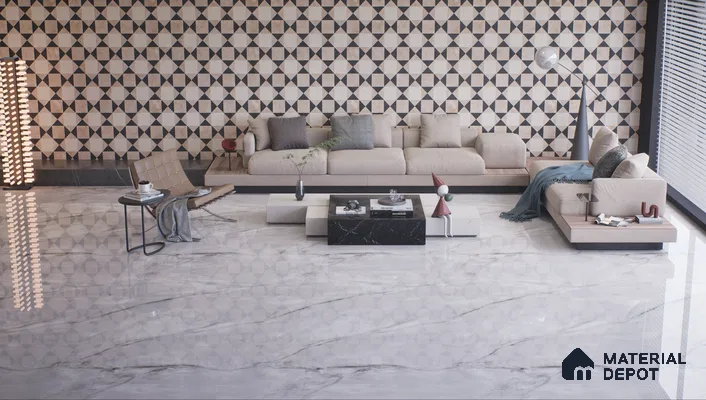 Sophisticated living room with geometric wall and marble floor | Material Depot