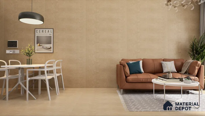 Warm-toned living and dining area with geometric wall | Material Depot
