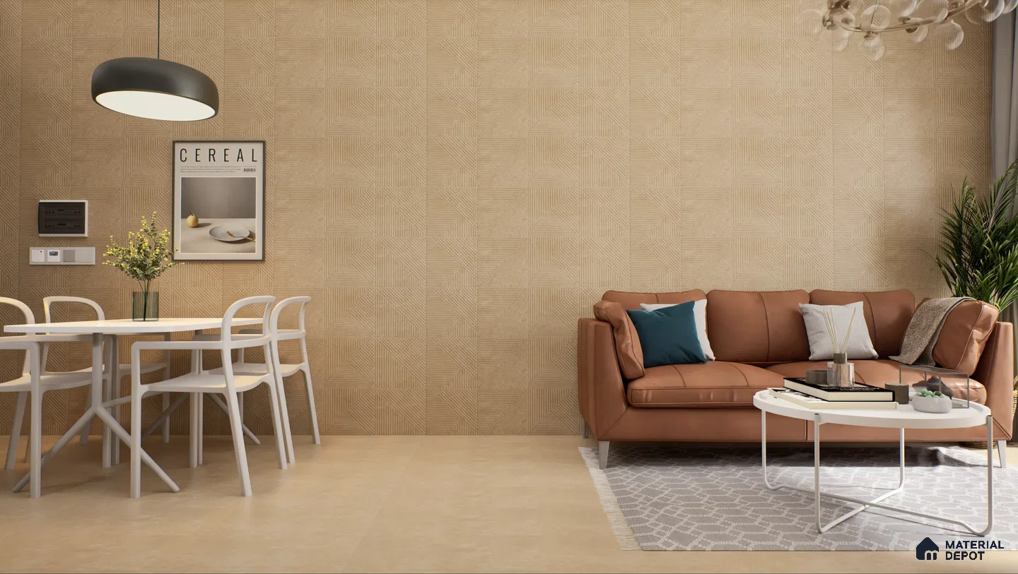 Warm-toned living and dining area with geometric wall | Material Depot