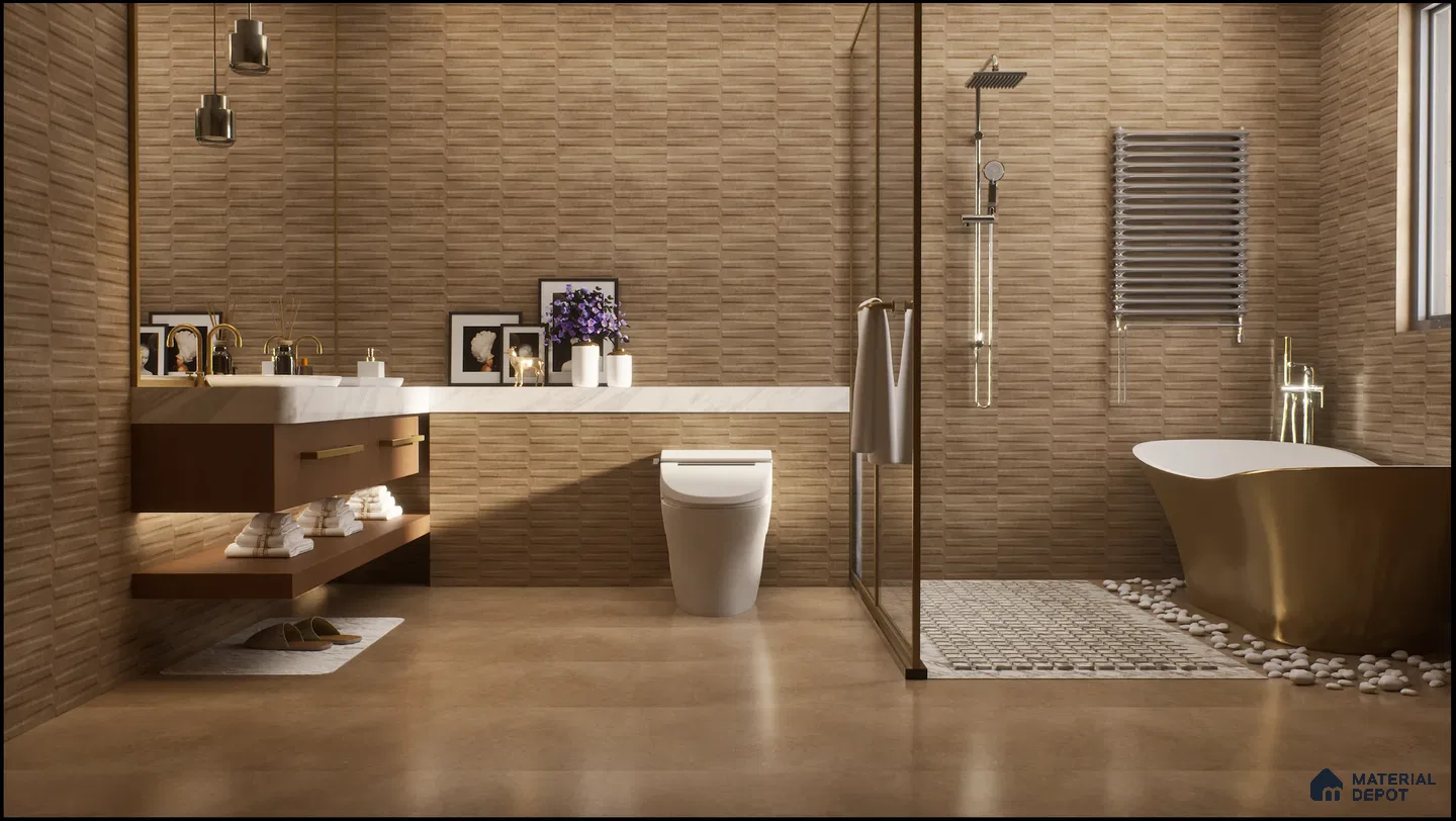 Elegant bathroom with golden bathtub and modern fixtures | Material Depot