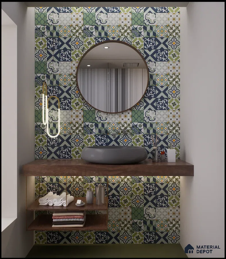 Bathroom vanity with vibrant, patterned tiles and a round mirror. | Material Depot