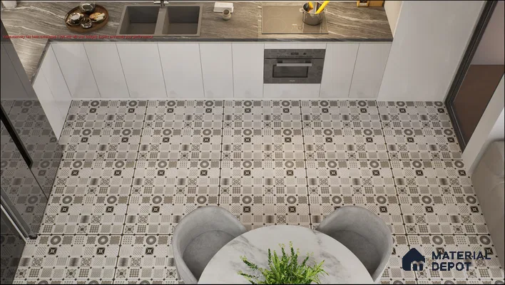 Modern kitchen featuring a sleek countertop, integrated appliances, and distinctive black-and-white geometric tiled flooring. | Material Depot
