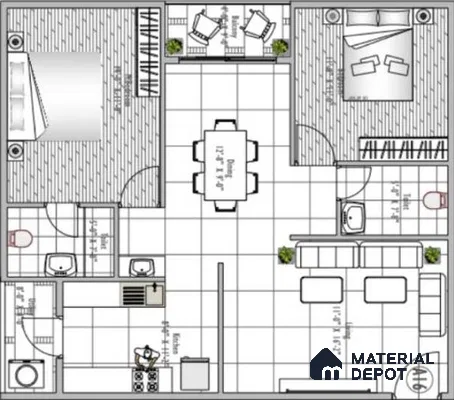 Modern open plan dining area with large format white floor tiles and adjacent kitchen and living zones