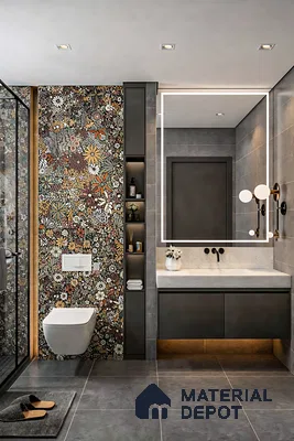 Modern bathroom with floral patterned highlighter wall tile and grey stone tiles
