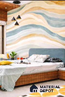 Modern bedroom with abstract wave wallpaper, blue upholstered headboard, and wooden grid laminate bed base