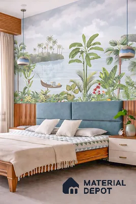 Scandinavian bedroom with tropical mural wallpaper, blue suede upholstered headboard, and wooden bed frame