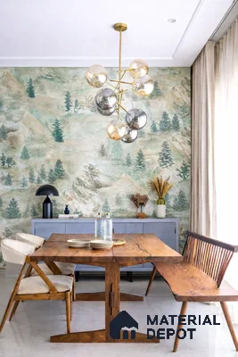 Eclectic dining room with nature mural wallpaper, solid wood dining table, and light beige floor tile