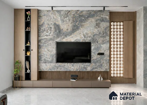 Modern TV unit with marble-look laminate, taupe matte laminate, and fluted wood panel