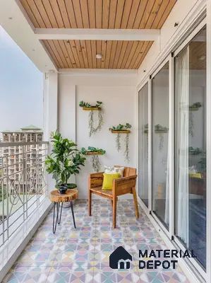 Scandinavian balcony with geometric pastel floor tiles and natural wood ceiling panels
