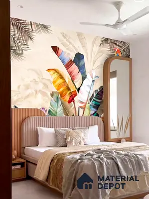 Eclectic bedroom with tropical wallpaper, fluted wood panel, and upholstered headboard