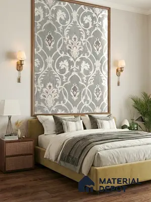 Modern bedroom with damask patterned wallpaper, suede upholstered bed, and wooden flooring