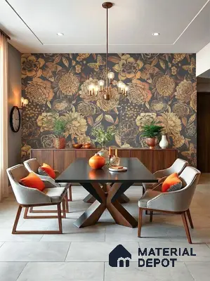Art Deco dining room with gold floral wallpaper, walnut wood dining table, and light grey floor tiles