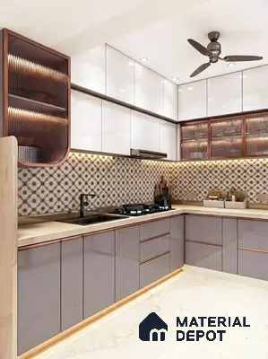 Modern kitchen with glossy grey and white laminate, patterned moroccan backsplash tile, and beige marble countertop