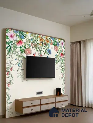 Modern living room TV unit with floral wallpaper and wooden laminate floating cabinet