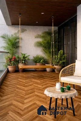 Scandinavian balcony with herringbone wood-look tile flooring and rattan furniture