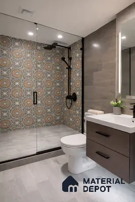 Modern bathroom with geometric patterned highlighter wall tiles and grey stone look floor tiles