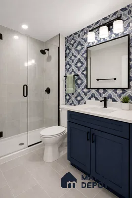 Modern bathroom with blue geometric patterned wall tiles, navy vanity, and light grey floor tiles