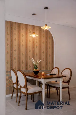 Traditional dining room with floral patterned wallpaper and wooden upholstered chairs