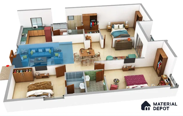 Modern living room with beige floor tiles, wooden TV unit, and blue sectional sofa