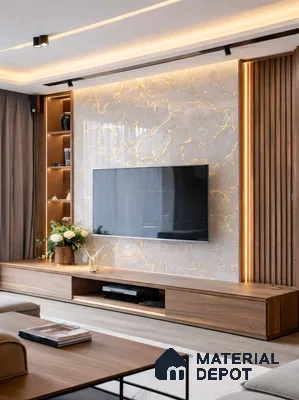 Modern TV unit with marble-look laminate panel, walnut wood laminate, and vertical wooden louvers