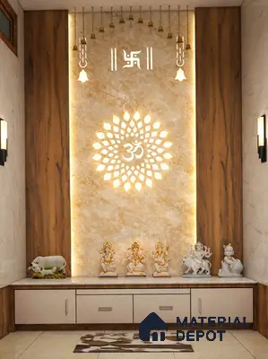 Modern pooja room with backlit marble laminate panel and walnut wood laminate accents