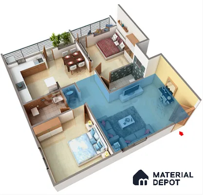 Modern Floor Plan with beige floor tiles, blue accent rug, and TV unit with white laminate