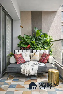Eclectic balcony with geometric patterned floor tiles and textured wall panels