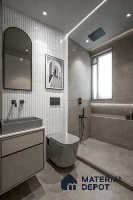 Minimalist bathroom with white vertical subway wall tiles and grey stone-look floor and wall tiles