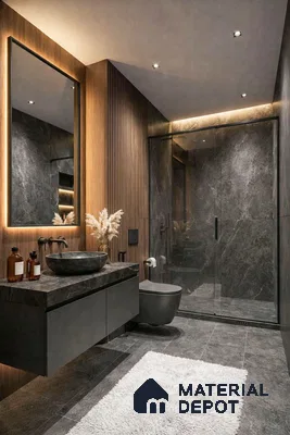 Modern bathroom with grey marble tiles, black floating vanity, and walnut fluted wall panels
