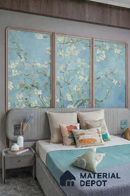 Japandi bedroom with chinoiserie floral wallpaper and grey suede upholstered bed