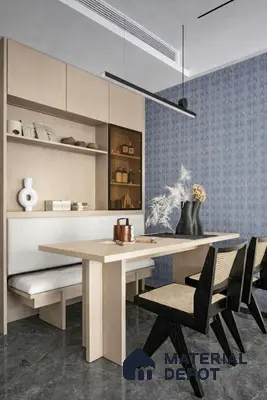 Scandinavian dining room with light oak laminate, blue patterned wallpaper, and grey marble floor tile