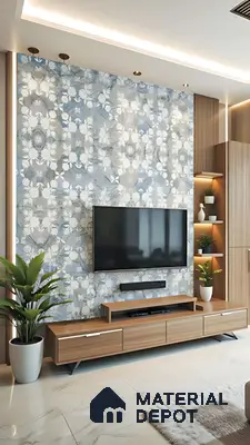 Modern TV unit with floral wallpaper accent and walnut wood laminate cabinetry
