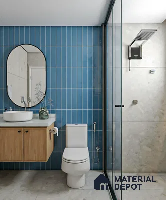 Modern bathroom with blue vertical subway wall tiles, light beige stone tiles, and wood laminate vanity in Alpine ECO Doddanekundi 3 BHK apartment Bengaluru