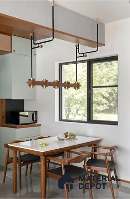 Mid-century modern dining room with walnut wood dining set, white marble tabletop, and pastel laminate cabinetry in Alpine ECO Doddanekundi 3 BHK apartment Bengaluru