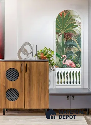 Eclectic foyer with wood grain laminate cabinet and tropical flamingo wallpaper accent in Alpine ECO Doddanekundi 3 BHK apartment Bengaluru