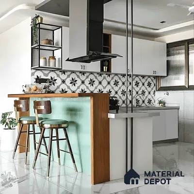 Modern kitchen with geometric patterned backsplash tile, white laminate cabinets, and mint fluted breakfast counter in Alpine ECO Doddanekundi 3 BHK apartment Bengaluru