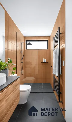 Modern bathroom with terracotta vertical subway wall tiles and matte black floor tiles in Alpine ECO Doddanekundi 3 BHK apartment Bengaluru