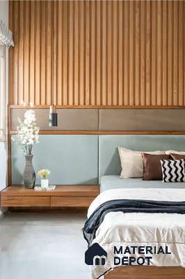 Modern bedroom with vertical oak wood louvers, suede upholstered headboard, and marble floor tile in Alpine ECO Doddanekundi 3 BHK apartment Bengaluru
