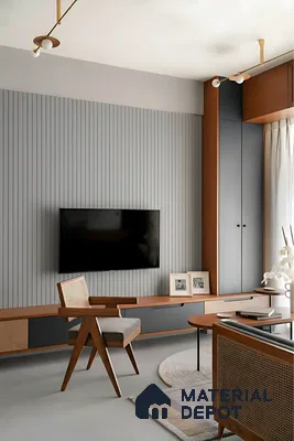Scandinavian living room with grey fluted wall panels and walnut brown laminate TV unit in Alpine ECO Doddanekundi 3 BHK apartment Bengaluru
