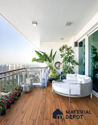 Modern balcony with natural wood-look floor tiles and contemporary outdoor seating of 3 BHK apartment in Alpine Fiesta Whitefield Bengaluru