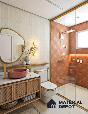 Scandinavian bathroom with terracotta fluted wall tiles, ivory vertical wall tiles, and cane-front vanity of 3 BHK apartment in Alpine Fiesta Whitefield Bengaluru