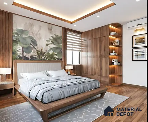 Modern bedroom with walnut wood laminate wardrobe, tropical wallpaper accent, and wooden flooring of 3 BHK apartment in Alpine Fiesta Whitefield Bengaluru
