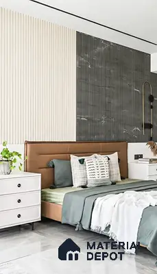 Modern bedroom with beige and charcoal fluted wall panels and marble-look tile flooring of 3 BHK apartment in Alpine Fiesta Whitefield Bengaluru