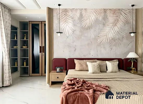 Modern bedroom with tropical patterned wallpaper, beige marble floor tile, and wooden wardrobe of 3 BHK apartment in Alpine Fiesta Whitefield Bengaluru