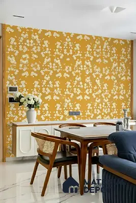 Mid-century modern dining room with mustard floral wallpaper, wooden dining set, and white marble floor tile of 3 BHK apartment in Alpine Fiesta Whitefield Bengaluru