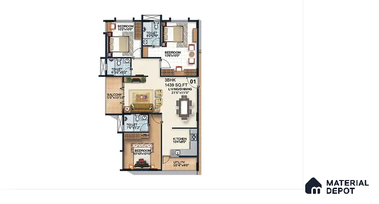 Modern 3BHK apartment floor plan with open plan living, dining, kitchen, and balcony of 3 BHK apartment in Alpine Fiesta Whitefield Bengaluru