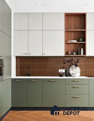 Modern kitchen with olive green and frosty white laminate, brown vertical subway tile backsplash, and white quartz countertop of 3 BHK apartment in Alpine Fiesta Whitefield Bengaluru